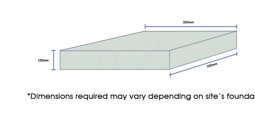 Dimension diagram of a 40 by 40 by 10 cm concrete pole base — MACA flying trapeze rig